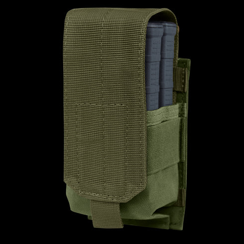 The Condor Single M14 Mag Pouch Gen II in Olive Drab is a tactical pouch with a flap cover, designed to hold a black rectangular magazine.